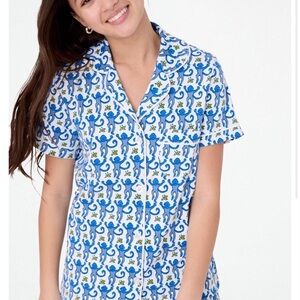 New Blue and White Monkey Print Patterned Pajama Set Shorts and Top Size Medium